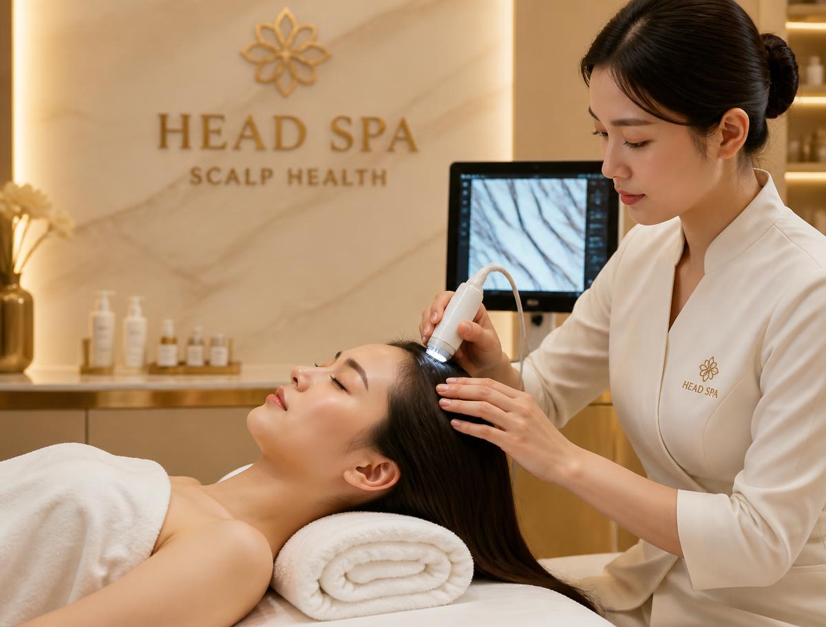 Professional scalp analysis before a head spa treatment